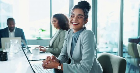Poster - Businesswoman, laptop and research in office with face for proposal, satisfied or happy for company project. Female accountant, smile and computer for budget strategy, commitment to financial process