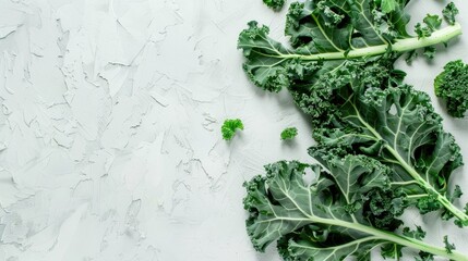 Poster - Kale leaves from above on white surface with space for text