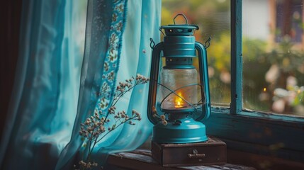 Poster - Old style blue lantern as decoration on background