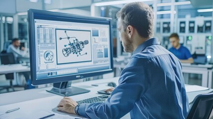 An engineer working on a CAD program in an office, designing complex machinery