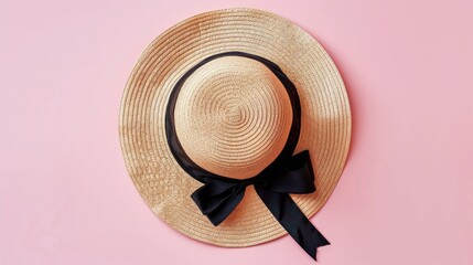 Wall Mural - Straw hat with black ribbon top view on pink background