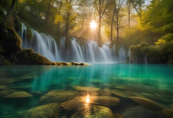 Wall Mural - AI generated illustration of a waterfall cascading into a turquoise pool surrounded by greenery