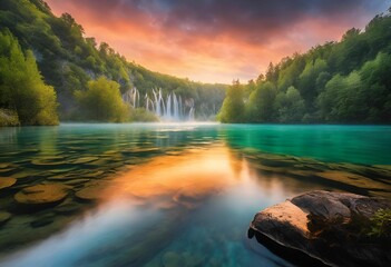 Wall Mural - AI generated illustration of a waterfall cascading into a turquoise pool surrounded by greenery