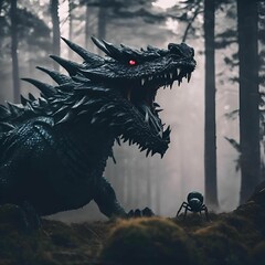 Wall Mural - ai generated illustration of a fantasy scene with a fierce dragon with red eyes roaring at a spider