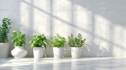 Canvas Print - Minimalist desktop or kitchen background with white pots green plants and gray squares