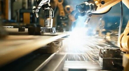 Poster - Robotic arms in an industrial factory performing automated welding with sparks flying.