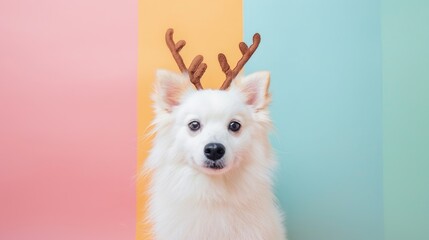 Canvas Print - White fluffy dog with deer antlers on colorful backdrop