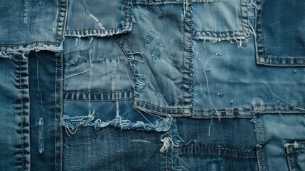 Poster - Close up of distressed denim jeans with visible holes and threads on a blue patch background