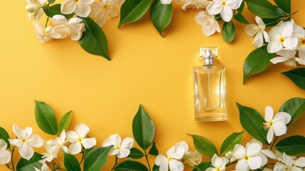 Poster - Artwork featuring perfume bottle and jasmine flowers on yellow backdop