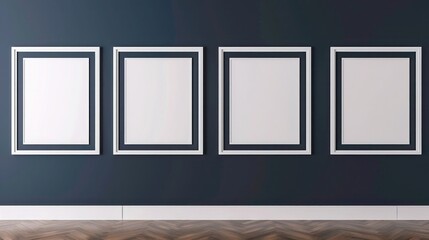 Wall Mural - Modern art gallery mockup featuring five white frames on a dark blue wall.