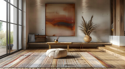 Wall Mural - A modern living room with wooden floors, a rug, and a painting on the wall. The room also features a bench, a table, and a vase. The furniture is arranged to create a comfortable and stylish space.