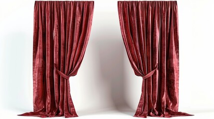 Open dark red curtains isolated on white background