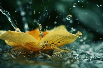 Aufkleber - A captivating shot of a water splash with a yellow flower in detailed focus, capturing the vibrant interaction between the water droplets and the flower, showcasing nature's artistry.