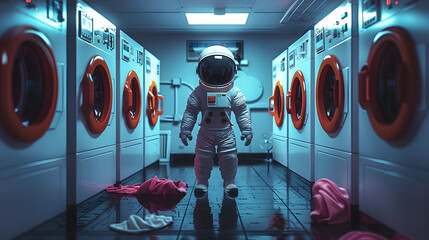 Wall Mural - a cartoon astronaut standing in a laundromat surrounded by washing machines and dryers.