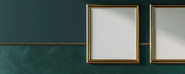 Minimalist art gallery mockup featuring two gold frames against a dark green wall background.