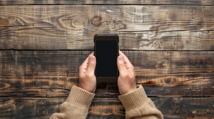 Poster - Unidentified man using hand holding smartphone over scratched wood background viewed from above