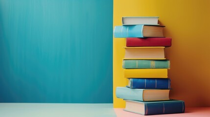 Sticker - Books stacked on colorful backdrop angled view empty space without individuals