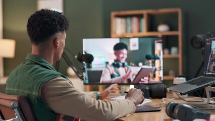 Poster - Live streaming, man and computer screen in workplace for review, post and update for vlog. Influencer, content creator and online for presentation, video call or monitor for virtual audience at desk