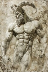 Wall Mural -  A man figure with horns and beard stands before a grungy wall, hands on hips