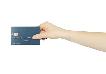 plastic card, credit card with chip in hand, outstretched hand with plastic card isolated from background