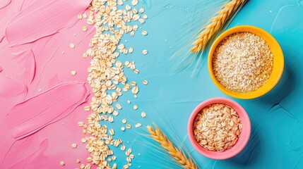 Wall Mural - Colorful background with oats Breakfast for health Weight loss idea Aerial view empty space flatlay