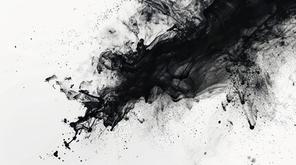 Poster - Dynamic and abstract representation of black ink or smoke dispersing on a white background, characterized by fluid shapes, splatters, and a sense of motion