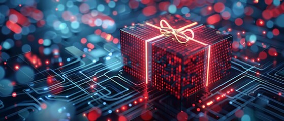 Wall Mural - A digital-themed gift box with a glowing ribbon, set on a circuit board illuminated by red and blue lights, symbolizing technology and innovation