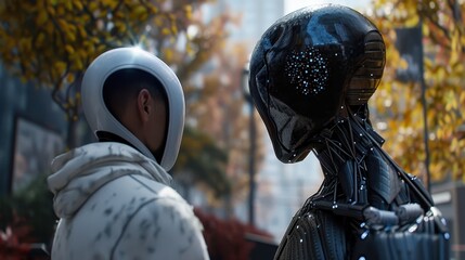 Poster - Futuristic scene with a human figure in a white helmet and a humanoid robot with a black, starry head and a sleek, metallic body