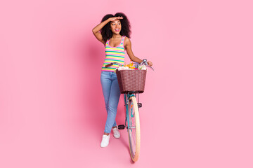 Sticker - Full length photo of cheerful cool lady dressed striped tank top riding bicycle looking far away empty space isolated pink color background