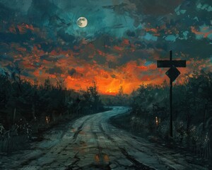 A winding road under a dramatic sunset sky with a signpost and a full moon in the background.