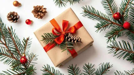 Poster - Christmas and New Year concept with fir branch and gift box on white background