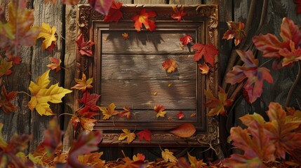 Poster - Fall foliage and picture frame on wood backdrop