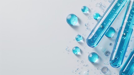 Wall Mural - blue liquid filled test tubes on a light grey background with blank space