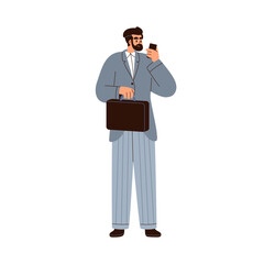 Poster - Man in business suit with briefcase and mobile phone. Office worker, employee speaking on smartphone. Businessman, professional executive officer. Flat vector illustration isolated on white background