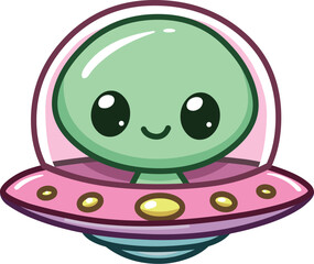 Wall Mural - Smiling alien on the front of a UFO spaceship in a kawaii style