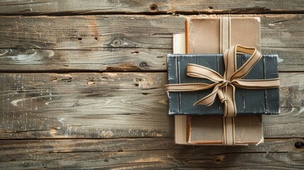 Poster - Books with ribbon on wood background symbolizing book donation