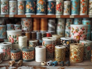 Colorful spools of thread and fabric arranged on a shelf, perfect for crafting or sewing projects. High-quality stock photo for creativity.