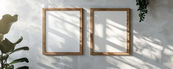 Avant-garde gallery mockup featuring two wooden frames on a light grey wall.