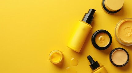 Sticker - Travel size cosmetic containers on yellow backdrop flat lay composition with copy space