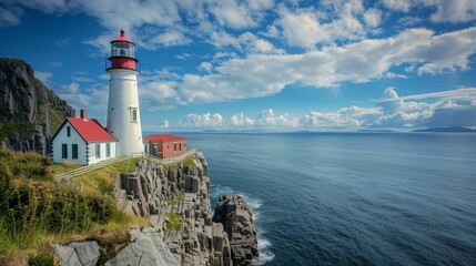 Wall Mural - AI generated illustration of a scenic lighthouse on a rocky cliff overlooking the ocean