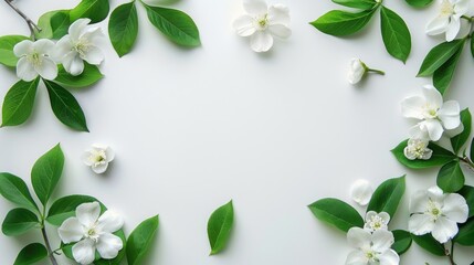 Sticker - White flowers and green leaves on white background Empty postcard for text