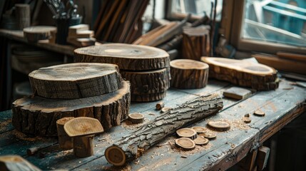 Old wooden branches logs on a workbench displaying growth rings