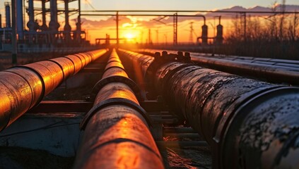 A group of pipes silhouetted against a colorful sunset.