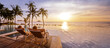 © Song_about_summer - beach holidays for couple in luxury hotel, banner background with copyspace, man and woman relaxing near swimming pool at sunset