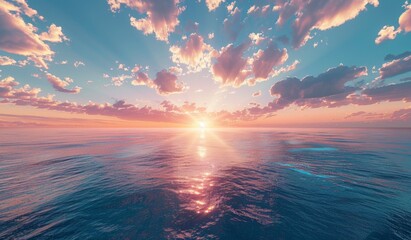 Wall Mural - beautiful sunset over the ocean with a blue sky, scenic view, calm seawater, drone aerial shot