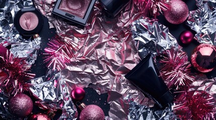Poster - beauty themed makeup cosmetics background with crumpled foil and pink christmas tinsel