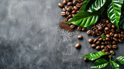 Canvas Print - Coffee beans and leaves against a gray backdrop