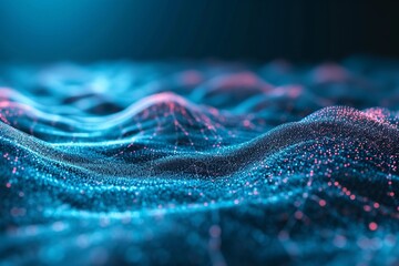Fototapete - Technology background with connected dots on 3D wave landscape. Cutting-edge technology in data science revolutionizes the future of analytics, Ai generated