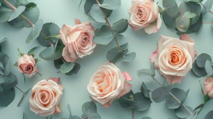 Poster - Rose flowers and eucalyptus branches floral arrangement with mock up in flat lay style