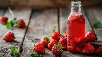 Sticker - Healthy strawberry beverage in a bottle on rustic wooden surface ideal for breakfast or snack